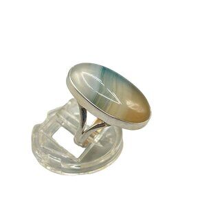 Sterling Silver 925 Agate Statement Ring Size 6 Oval Stone Gradient Ombre Ring